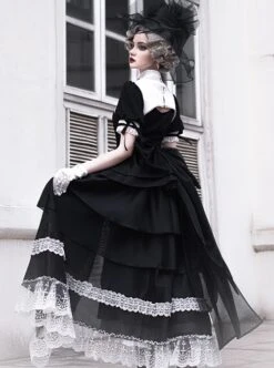 Undead Prayer Series Nun Style Black-White Cross Embroidered Fishtail Skirt Lace Cover Skirt Gothic Lolita Short-Sleeved Dress -NAUS Lolita Shop 7 500x672 453