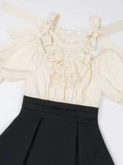 Roman Holiday Series Elegant High Waisted A Line Halter Neck Bare Shoulders Solid Black White Classic Lolita Puff Sleeves Dress -NAUS Lolita Shop 7 500x672 47