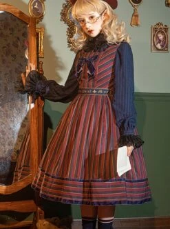 School Style Retro Stripe Contrast Color Simple Daily Commuting School Lolita Sleeveless Dress -NAUS Lolita Shop 7 500x672 472