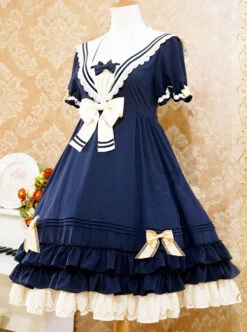 Navy Blue Bowknot Sweet Lolita Short Sleeve Dress -NAUS Lolita Shop 7 500x672 557