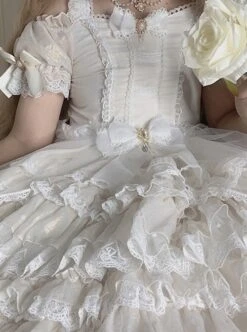 Pure White Elegant Multi-Layer Gorgeous Hem Classic Lolita Bowknot Decoration Short-Sleeved Dress -NAUS Lolita Shop 7 500x672 58