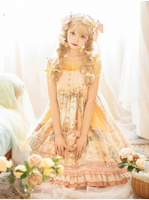 Afternoon Sweet Tea Series JSK Wave Dot Tulle Hem Cute Printing Sweet Lolita Yellow Sling Dress Short Sleeve Shirt Set 10 Afternoon Sweet Tea Series JSK Wave Dot Tulle Hem Cute Printing Sweet Lolita Yellow Sling Dress Short Sleeve Shirt Set - Image 10
