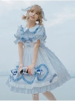 Alice Bunny Series OP Blue Plaid Doll Sleeve Bowknot Sweet Lolita Short Sleeve Dress -NAUS Lolita Shop 7 500x672 635