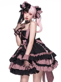 Perrault Kitty Series JSK Heart Metal Decoration Cross Rope Design Punk Lolita Lace Big Bow Dress Set A -NAUS Lolita Shop 7 500x672 675