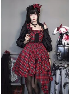 Punk Lolita Bowknot Plaid Black Single Row Pleats Double Lace Drawstring Irregular Hem Design Sling Dress -NAUS Lolita Shop 7 500x672 685
