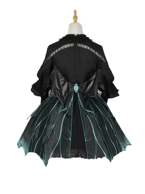 Rose Witch Series Black Halloween Irregular Cute Punk Teal Magic Spider Dark Bat Wing Bowknot Elements Print Lolita Dress Hat Set 5 Rose Witch Series Black Halloween Irregular Cute Punk Teal Magic Spider Dark Bat Wing Bowknot Elements Print Lolita Dress Hat Set - Image 5