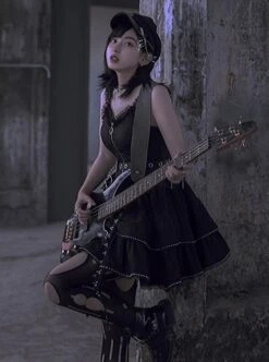 Black Satin Jacquard Metal Chain Decorate Belt Shawl Sleeves Multi-Wear Punk Lolita Sleeveless Dress Set -NAUS Lolita Shop 7 500x672 693