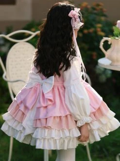 Autumn Winter Pink Floral Embroidery Heart Pattern Pink Plaid Bowknot Ruffle Sweet Lolita Kids Long Sleeves Dress -NAUS Lolita Shop 7 500x672 696