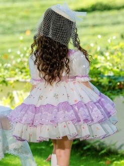 Purple Lapel Broken Flowers Lace Puff Sleeve Princess Dress Sweet Lolita Kids Short-Sleeved Dress -NAUS Lolita Shop 7 500x672 717