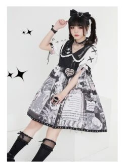 Little Tengu Series OP Doll Collar Printing Black Cute Gothic Lolita Short Sleeve Dress -NAUS Lolita Shop 7 500x672 72