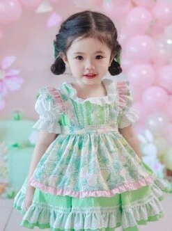 Green Strawberry Series Summer Lace Collar Strawberry Print Cute Green Polka Dot Lace Sweet Lolita Kids Short-Sleeved Dress -NAUS Lolita Shop 7 500x672 723