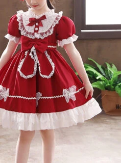 Pure Color Big Bowknot White Lace Children Sweet Lolita Kids Short Sleeve Dress -NAUS Lolita Shop 7 500x672 725
