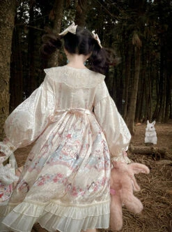 Gold Print Cute Sweet Penguin Pattern Decoration Lace Embroidery Pink Bow Knot Children Lolita Kids Long Sleeve Dress -NAUS Lolita Shop 7 500x672 735