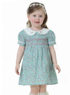 Pleated Hand-Embroidered Flower Decoration Cute Doll Neckline Short Sleeve Kid Floral Dress -NAUS Lolita Shop 7 500x672 741