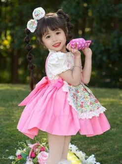 Lace Round Neck Broken Flowers Apron Cute Puff Sleeve Blue Plaid Little Maid Sweet Lolita Kids Short-Sleeved Dress -NAUS Lolita Shop 7 500x672 745