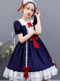 Snow White Children Classic Lolita Red Bowknot Navy Blue Short Sleeve Dress -NAUS Lolita Shop 7 500x672 750