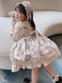Red Rose Print Lace Decoration Stand Collar Lantern Sleeve Sweet Lolita Kids Long Sleeve Dress -NAUS Lolita Shop 7 500x672 757