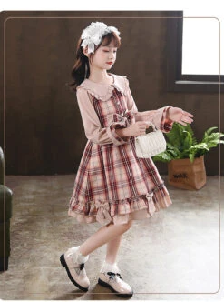 Doll Collar Bowknot Children School Lolita Kids Plaid Long Sleeve Dress -NAUS Lolita Shop 7 500x672 760