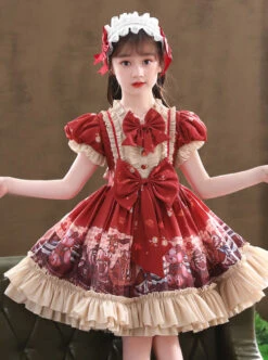 Cute Little Bear Printing Bowknot Children Sweet Lolita Wine Red Kids Short Sleeve Dress -NAUS Lolita Shop 7 500x672 772