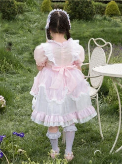 Cute Lotus Leaf Collar Pink Bow Decoration Double Pleated Hem Children Lolita Kids Puff Sleeve Dress -NAUS Lolita Shop 7 500x672 773