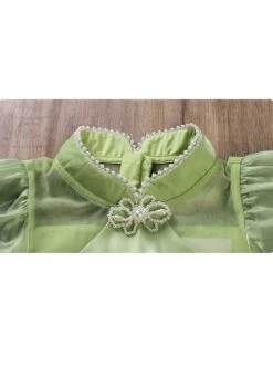 Solid Color Grass Green Streamer Yarn Cute Pleated Sweet Puff Sleeves Pearl Neckline Decoration Sweet Lolita Kids Dress -NAUS Lolita Shop 7 500x672 774