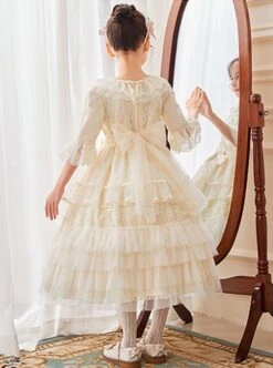 Lace Princess Collar Elegant Court Style Collar Bowknot Decorated Lace Middle Sleeve Ruffle Hem Sweet Lolita Kids Dress -NAUS Lolita Shop 7 500x672 778