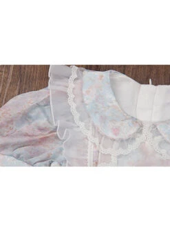 Blue Pink Pleated Lace Mesh Heart Shape Design Pleated Bow Knot Children Lolita Kids Short Sleeve Dress -NAUS Lolita Shop 7 500x672 783