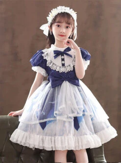 Ruffle Round Collar Bowknot Children Sweet Lolita Puff Sleeve Short Sleeve Dress -NAUS Lolita Shop 7 500x672 793