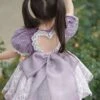 Sweet Lace Round Neck Puff Sleeve Lace Irregular Hem Back Heart Hollow Design Classic Lolita Kids Short-Sleeved Dress
