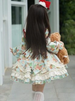 Spring Autumn Doll Collar Christmas Little Bear Print Bowknot Small Colored Ball Apron Sweet Lolita Kids Long-Sleeved Dress -NAUS Lolita Shop 7 500x672 795