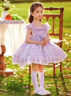 Classic Lolita Pleated Lace Bow Knot White Jacquard Lace Trim Purple Floral Kid Dress -NAUS Lolita Shop 7 500x672 798