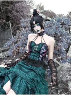 Lust Snake Series Jacquard Black Lace Halter Improve Cheongsam Gothic Sexy Blackish Green Drawstring Small A-line Hem Dress -NAUS Lolita Shop 7 500x672 819
