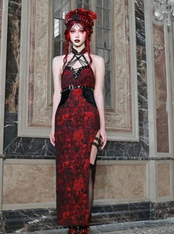 Hades Banquet Series Reddish Black Jacquard Gothic Style Sexy Slit Modified Cheongsam PU Belt V Neckline Sleeveless Dress -NAUS Lolita Shop 7 500x672 832