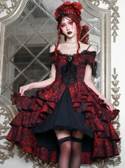 Hades Banquet Series Reddish Black Jacquard Lace Layered Pleated Hem Gothic Off-The-Shoulder Design Brooch Decoration Dress -NAUS Lolita Shop 7 500x672 834