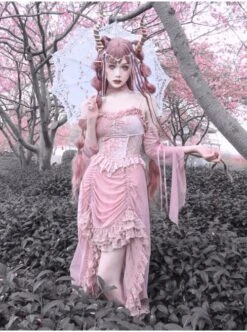 Cherry Nightmare Series Velvet Embossed Fabric Lace Frills Drawstring Design Stretch Flared Sleeves Sexy Gothic Pink Sling Dress -NAUS Lolita Shop 7 500x672 840