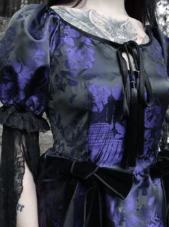 Tassel Binding Band Bowknot Purple Jacquard Gothic Puff Sleeve Dress -NAUS Lolita Shop 7 500x672 841