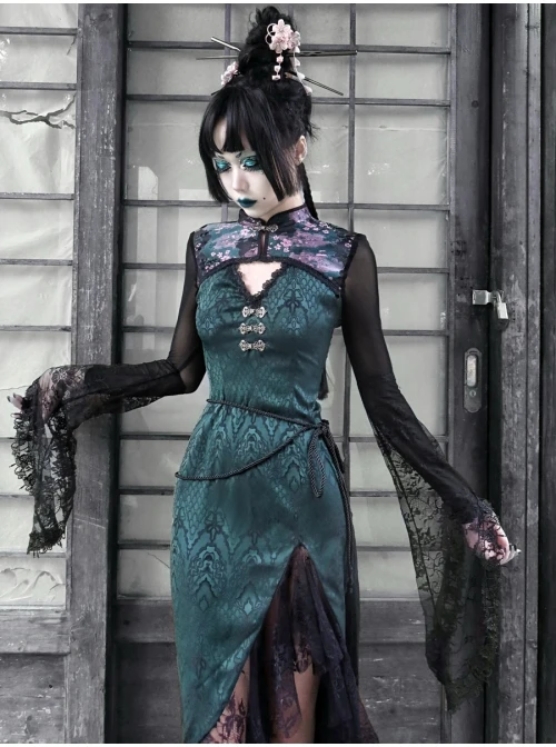 Lust Snake Series Improved Cheongsam Stand Collar Green Duckweed Jacquard Black Lace Gothic Split Dress 2 Lust Snake Series Improved Cheongsam Stand Collar Green Duckweed Jacquard Black Lace Gothic Split Dress - Image 2