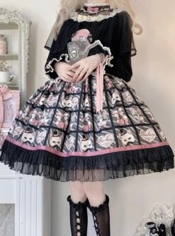 Solid Color Stand Collar Translucent Hollow Out Detachable Cloak Cat Print Classic Lolita Long Sleeve Dress -NAUS Lolita Shop 7 500x672 89