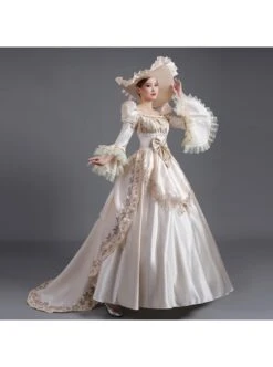 Champagne Square Collar Long Sleeve Lace Bow Shirring Hem Court Prom Lolita Dress -NAUS Lolita Shop 8 500x672 104