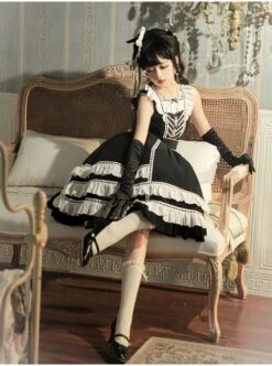 Heartbeat Direction Series JSK Summer Black A-shape Mid-length High Waist Style Flying Sleeves Lace Bow Classic Lolita Sling Dress -NAUS Lolita Shop 8 500x672 133