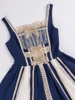 Navy Blue Lace Bow Elegant Color Contrast Vintage JSK Classic Lolita Sleeveless Dress Set -NAUS Lolita Shop 8 500x672 144