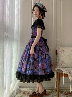 Elegant Floral Print Decoration Jacquard Lace Neckline Bow Pearl Classic Lolita Dress -NAUS Lolita Shop 8 500x672 149