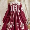 Red Pentagram Design Cute Big Lapel Neckline Bow Decoration Pleated Ruffle Trim Classic Lolita Long Sleeve Dress