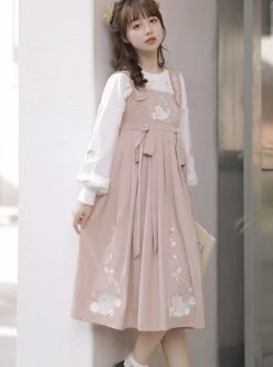 Little Sheep Series Pink Doll Collar Embroidered Chinese Elements Pleated Hem Classic Lolita Autumn Winter Long Sleeves Dress Set -NAUS Lolita Shop 8 500x672 185