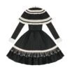 White Night Notes Series French Romance Retro Black Hollow Plaid Pattern Classic Lolita Puff Sleeves Dress Knitted Cape Set