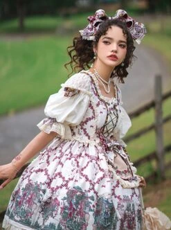 Printed Little Red Riding Hood Series Elegant Square Neck Bubble Lantern Sleeve Detachable Lace Embroidery Apron Classic Lolita Short-Sleeved Dress -NAUS Lolita Shop 8 500x672 206