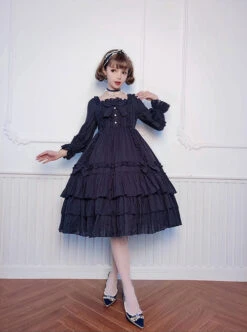 Bowknot High Waist Pure Color Classic Lolita Half Sleeve Dress -NAUS Lolita Shop 8 500x672 21