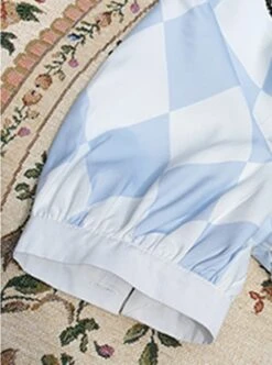 Square Neck Striped Bow Puff Sleeves Check Print Heart Embellished Bib Classic Lolita Short Sleeve Dress -NAUS Lolita Shop 8 500x672 224