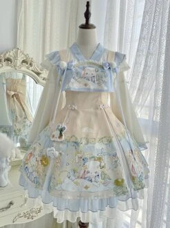 Laurel Prayer Series Chinese Style Cute Rabbit Print Lace Ruffle Skirt Bowknot Decoration Ribbon Sweet Lolita Sleeveless Dress Set -NAUS Lolita Shop 8 500x672 229