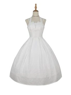Hepburn Style Elegant White Halterneck Pearl Embellished Simple Jacquard Fabric Classic Lolita Sleeveless Dress -NAUS Lolita Shop 8 500x672 232